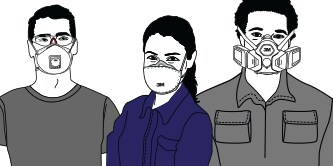An illustration of three workers wearing different respirators.
