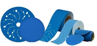 A set of many blue abrasives discs and sheet rolls in various sizes.
