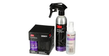 A silver bottle of 3M™ Ceramic Boost Spray, a white spray bottle of  3M™ Glass Pre-Treatment, and a black box of 3M™ Ceramic  Coating.
