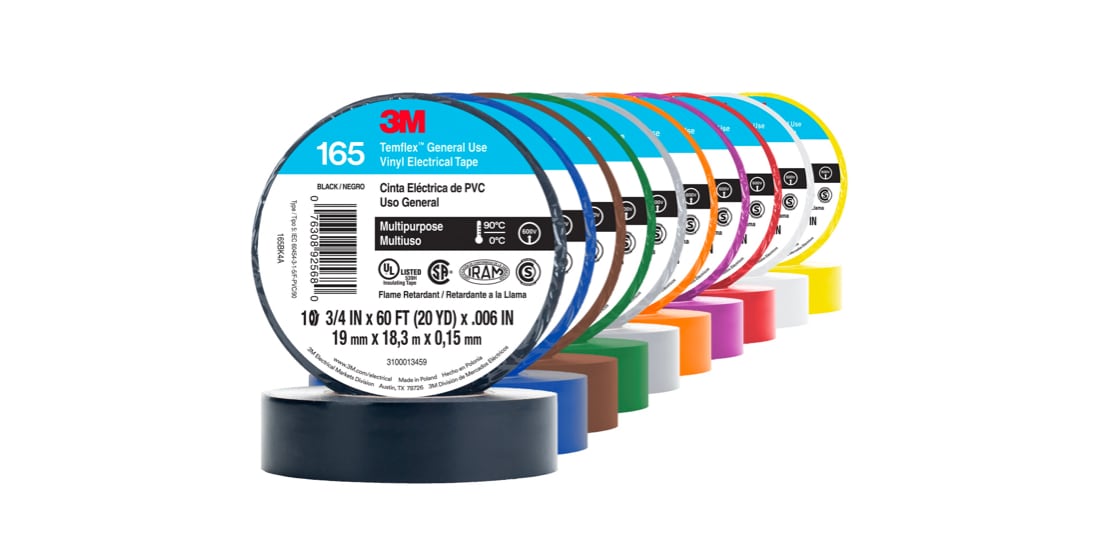 Rouleaux de Ruban isolant en vinyle à usage général 165 Temflex(MC) 3M(MC) de différentes couleurs avec leur emballage sur chaque rouleau.
