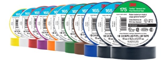 Rouleaux de Ruban isolant en vinyle à usage général Temflex(MC) 3M(MC) avec leur emballage sur chaque rouleau.
