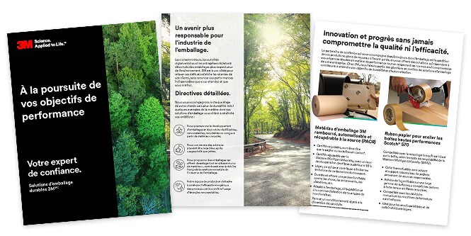 Trois pages d’une brochure avec de l’information sur les solutions d’emballage durable 3M(MC).

