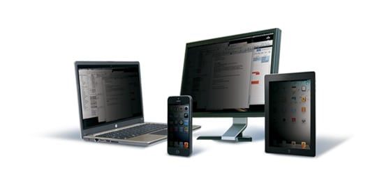 Laptop, desktop, mobile phone, and tablet with privacy filters on screen.
