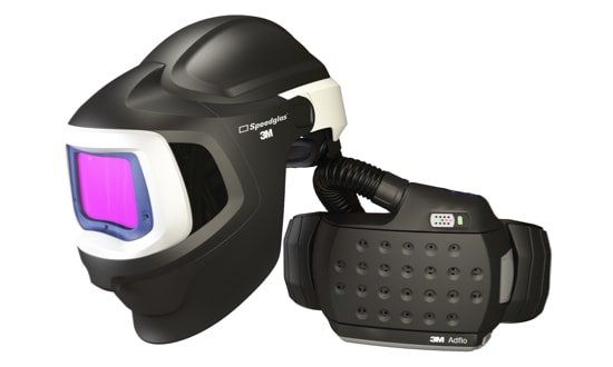 A 3M™ Speedglas™ Welding Helmet with a 3M™ Adflo™ Powered Air Purifying Respirator System.
