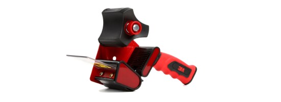 A red handheld manual tape dispenser.
