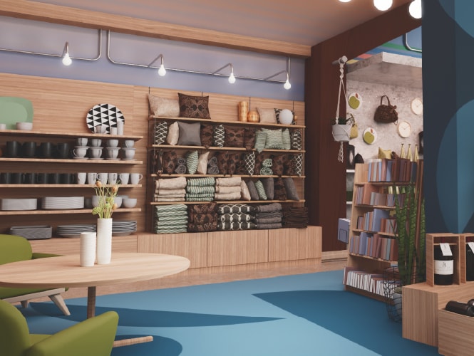 Espace de vente chaleureux, agrémenté d'étagères en bois, d'objets décoratifs et d'un coin salon, alliant style et fonctionnalité.
