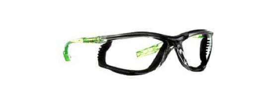 A pair of safety glasses with black frames and yellow arms.
