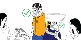 An illustration of four individuals, two wearing masks indicating correct mask usage, and the others wearing a white lab coat. 

