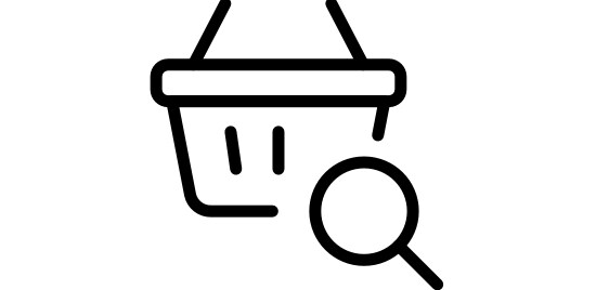 Une icône d’un panier d’épicerie avec une loupe.
