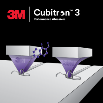 Illustration représentant deux grains abrasifs usinant une surface, surmontés du logo des abrasifs haute performance 3M Cubitron 3.
