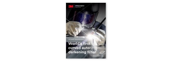 The cover of a brochure showing a welder working while wearing a welding helmet with a curved auto-darkening filter.
