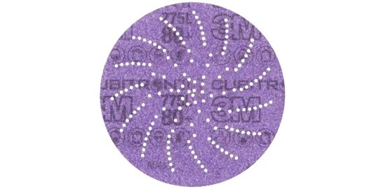 A purple circular 3M™ Cubitron™ II Hookit™ Clean Sanding Film Disc 775L.
