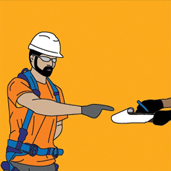 Line art illustration of worker pointing at clipboard.
