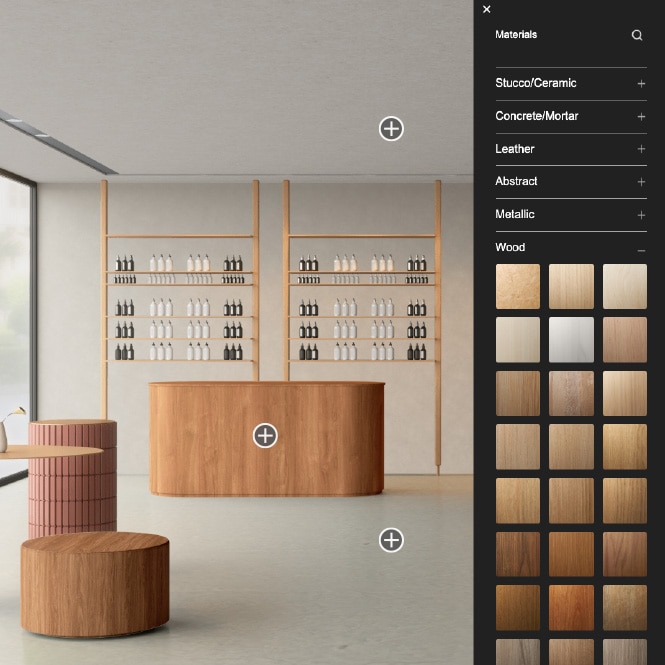 Example interface of Visualizer Tool showcasing wood grain options to be applied to retail interior setting.