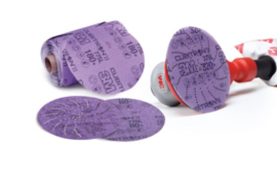 Two purple circular 3M™ Cubitron™ II Film Discs 775L, a third on a sander, and a 3M™ Cubitron™ II Stikit™ Film Disc Roll 775L.