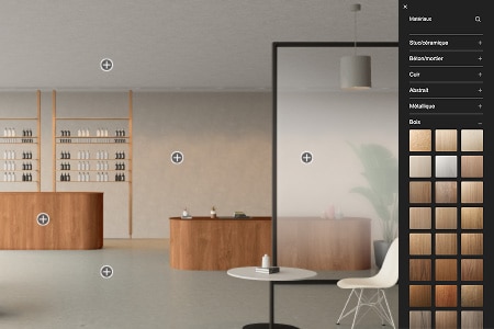 Un exemple d’interface de l’outil de visualisation affiche un éventail de grains de bois, permettant leur application virtuelle à l’intérieur d’un commerce de détail.
