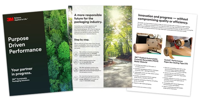 Three pages of a brochure with information on 3M™ Sustainable Packaging Solutions.

