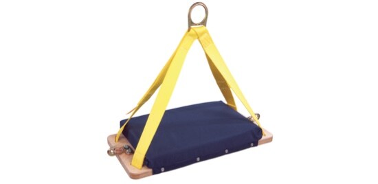 Un siège de travail pour protection contre les chutes avec un coussinet bleu et des sangles jaunes.

