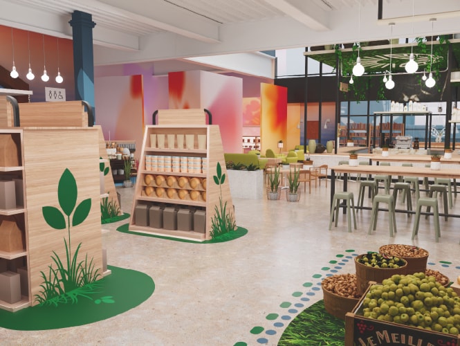 Spacious store interior with wooden shelves, colourful walls, and seating area, emphasizing a modern and eco-friendly design.
