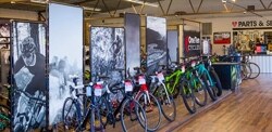 Several bikes on display in a bike store.
