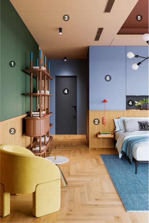 Un mélange de bois et de couleurs audacieuses dans les finitions architecturales d’une chambre à coucher résidentielle.
