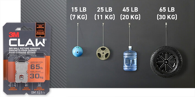 Grey wall with 4 heavy items, ranging from 15 to 65 pounds, hung using various 3M CLAW™ options.
