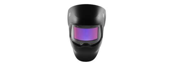 A black welding helmet with a curved, pink auto-darkening filter.
