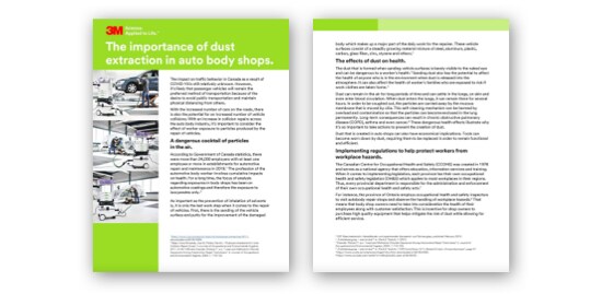 Pages de couverture et d’insertion, côte à côte, d’un livre blanc  sur l’Importance de l’extraction de la poussière 3M(MC) dans les ateliers de carrosserie.
