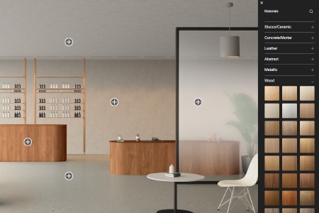 Example interface of Visualizer Tool showcasing wood grain options to be applied to retail interior setting.
