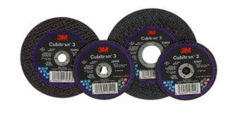 Un ensemble de quatre meules à tronçonner abrasives de différentes tailles, portant toutes la marque Cubitron 3 3M.
