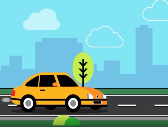 A video still showing an illustration of a yellow car on a city road.
