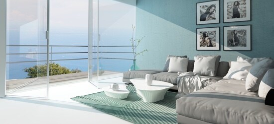 An upper-level living room, with floor-to-ceiling windows and an open balcony door.
