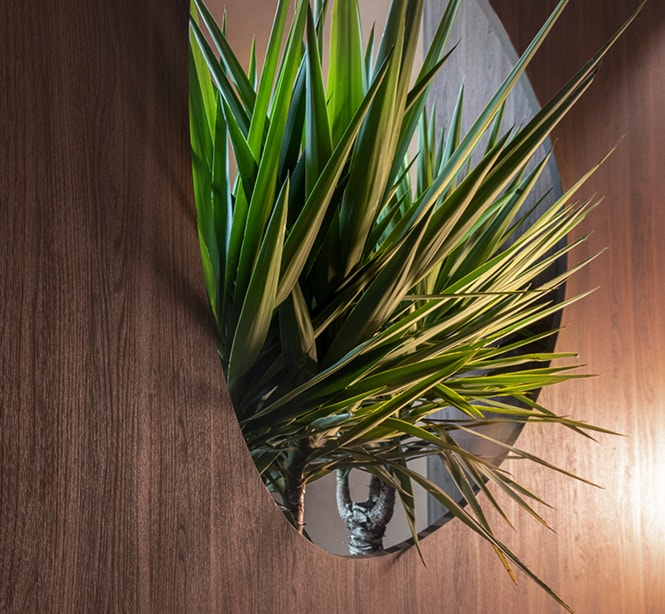 Modern, hotel lobby interior featuring stone & metallic 3M Architectural Finishes and a plant-filled window.