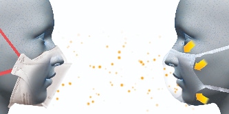 An illustration depicting two side profiles of human heads facing each other wearing masks.
