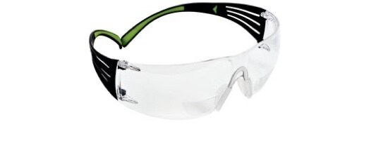 A pair of safety readers with black and brown arms.
