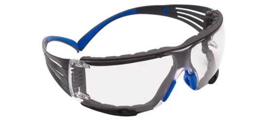 A pair of 3M™ SecureFit™ Protective Eyewear safety glasses with black gaskets and blue arms.
