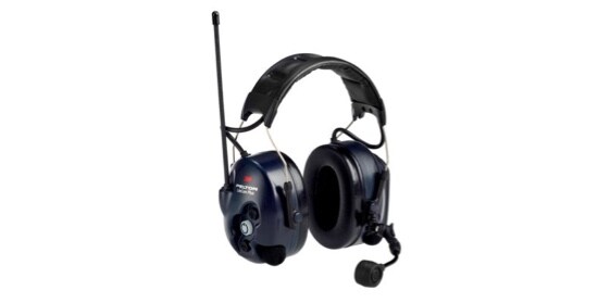 Black hearing protective headset with communication antenna and microphone.
