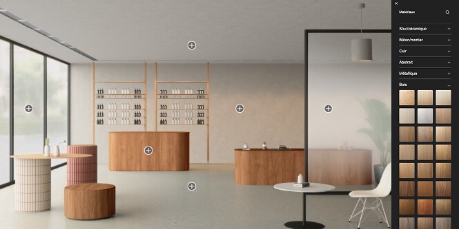 Un exemple d’interface de l’outil de visualisation affiche un éventail de grains de bois, permettant leur application virtuelle à l’intérieur d’un commerce de détail.
