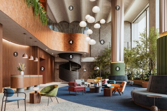 Salon à la conception moderniste du milieu du siècle, sublimé par des finitions architecturales naturelles.
