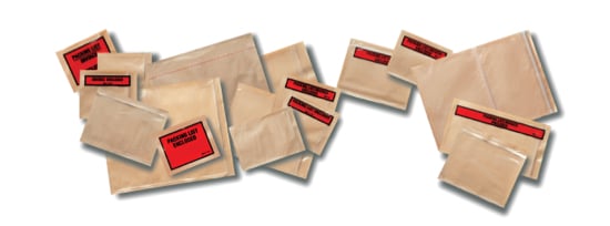 Brown and red packing list envelopes in various sizes.
