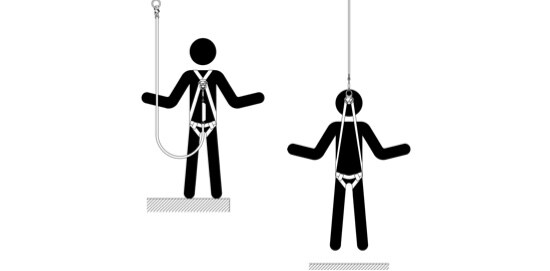 An illustration of two people in fall protection harnesses: one standing on a surface and one suspended above a surface.

