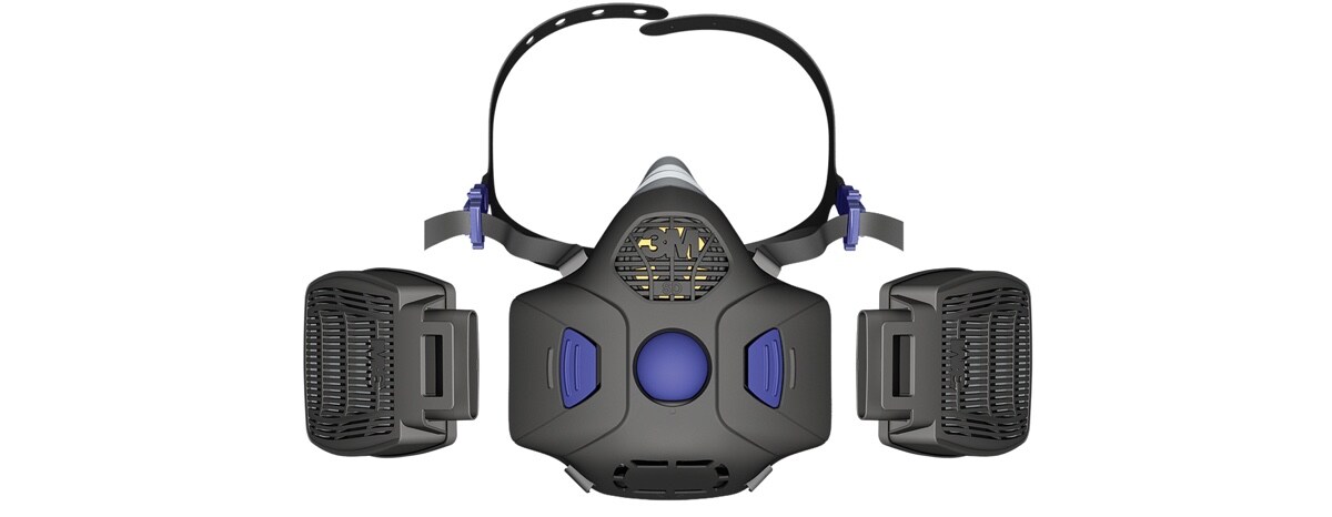 Un Respirateur réutilisable à demi-masque Secure Click(MC) 3M(MC) noir avec une cartouche de chaque côté de celui-ci.
