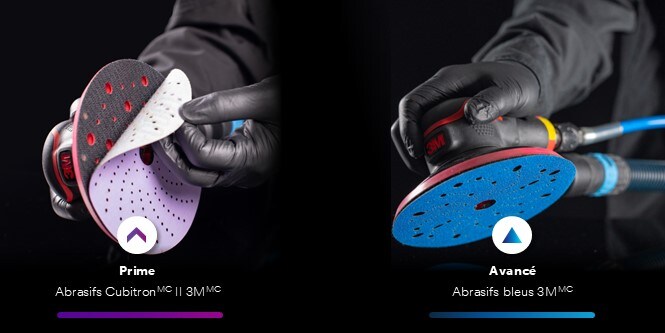 Disques abrasifs de série Premium et Advanced côte à côte sur des ponceuses orbitales aléatoires montrant différents types d’abrasifs 3M.
