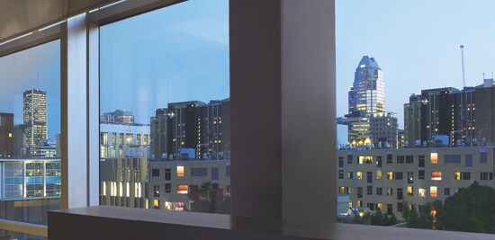 Des fenêtres donnant sur la ligne d'horizon de la ville.
