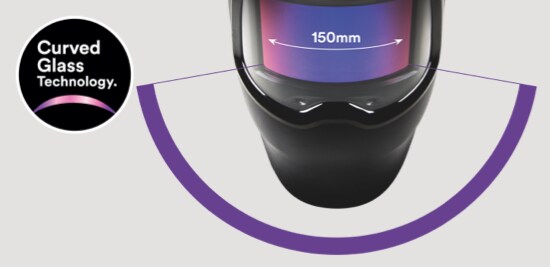 A welding helmet showcasing the curved glass technology, with a 150 mm curved filter.
