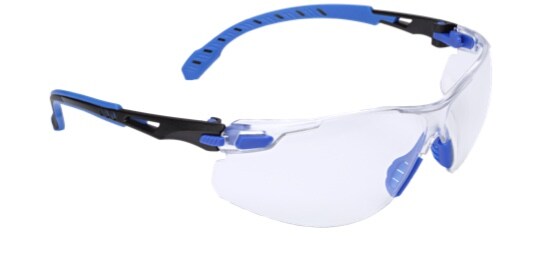A pair of 3M™ Solus 1000 Series Eyewear safety glasses with blue and black frames.
