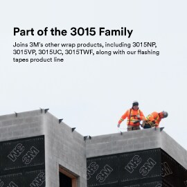 A building construction site with two construction workers in view, where 3M™ Air Barrier with Non-Woven Permeable Backing 3015VP-NW is being used on the building.
