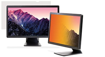 Deux moniteurs à différents angles montrant que le Filtre de confidentialité or 3MMC est transparent lorsqu’il est visualisé directement et doré lorsqu’il est visualisé selon un angle. 
