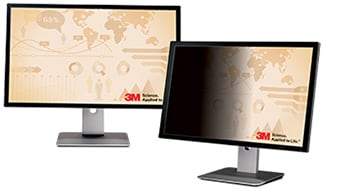 Deux moniteurs à différents angles montrant que le Filtre de confidentialité noir 3MMC est transparent lorsqu’il est visualisé directement et noir lorsqu’il est visualisé selon un angle.
