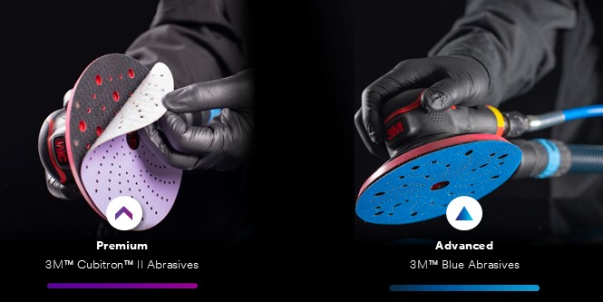 Premium and Advanced abrasive discs side-by-side on random orbital sanders showing different types of 3M abrasives.
